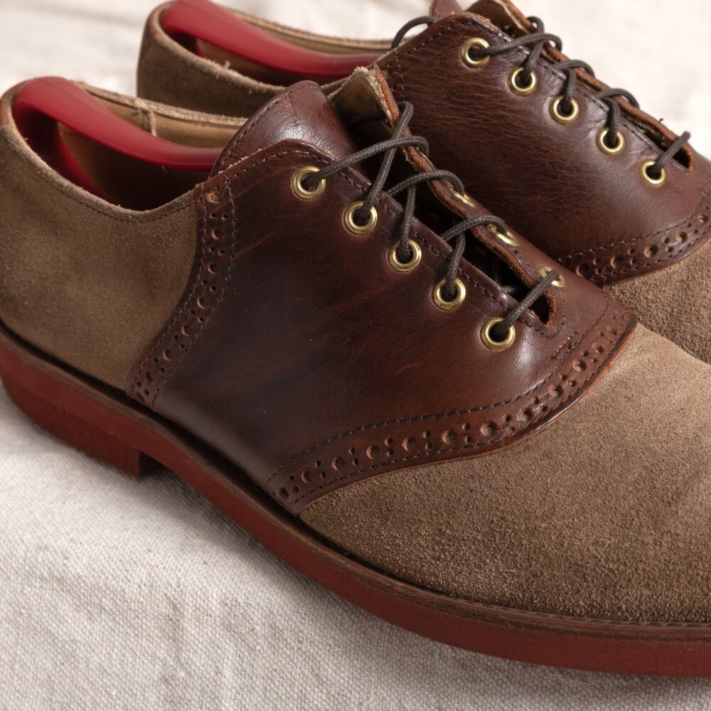 Vintage 90s Cole Haan Suede Saddle Oxford Brogue Shoes Tan Brown 10M Prep Trad - Picture 6 of 13
